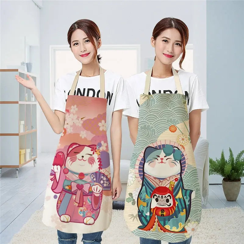 Lucky Cat Apron Kitchen Aprons for Women Cotton Linen Bibs Household Streetsharks