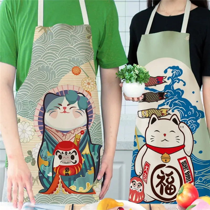 Lucky Cat Apron Kitchen Aprons for Women Cotton Linen Bibs Household Streetsharks