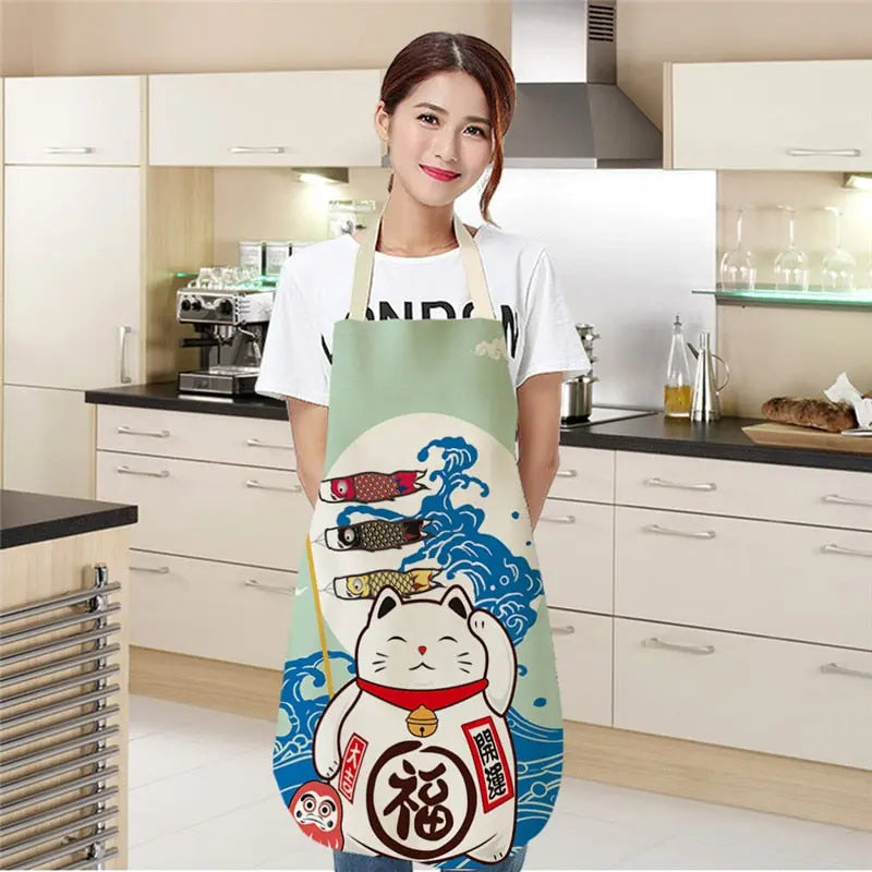 Lucky Cat Apron Kitchen Aprons for Women Cotton Linen Bibs Household Streetsharks