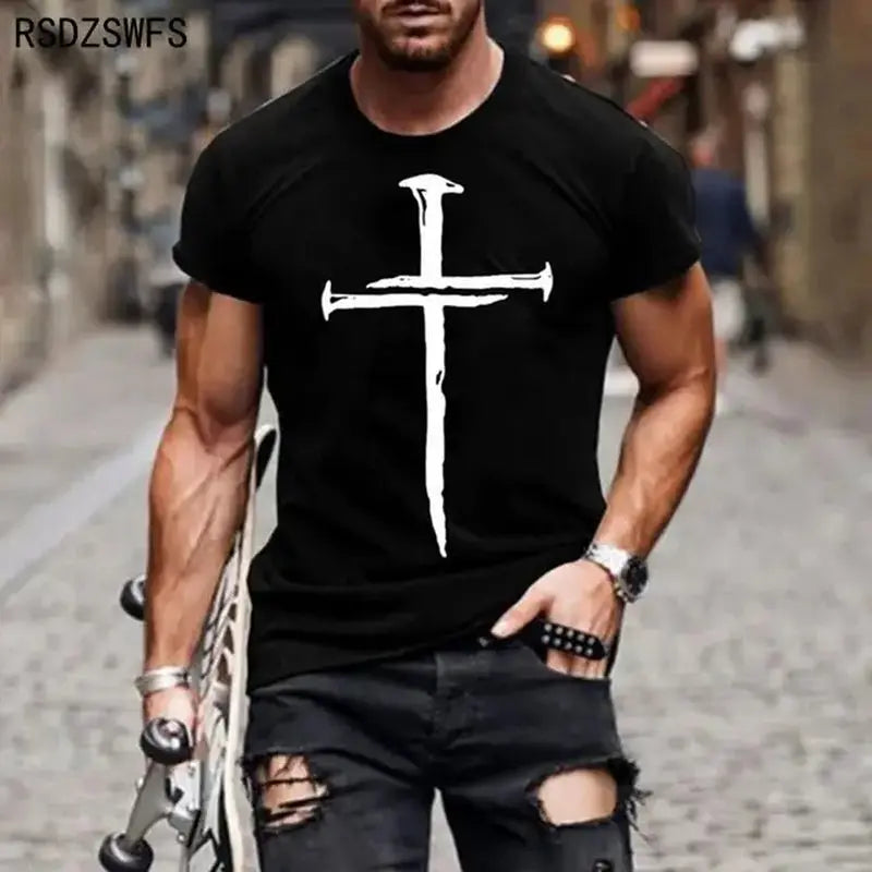 Men'S Jesus Christ Cross 3D Printed T-Shirt Summer Casual All-Match Fashion Short-Sleeved Oversized round Neck Streetwear - Streetsharks