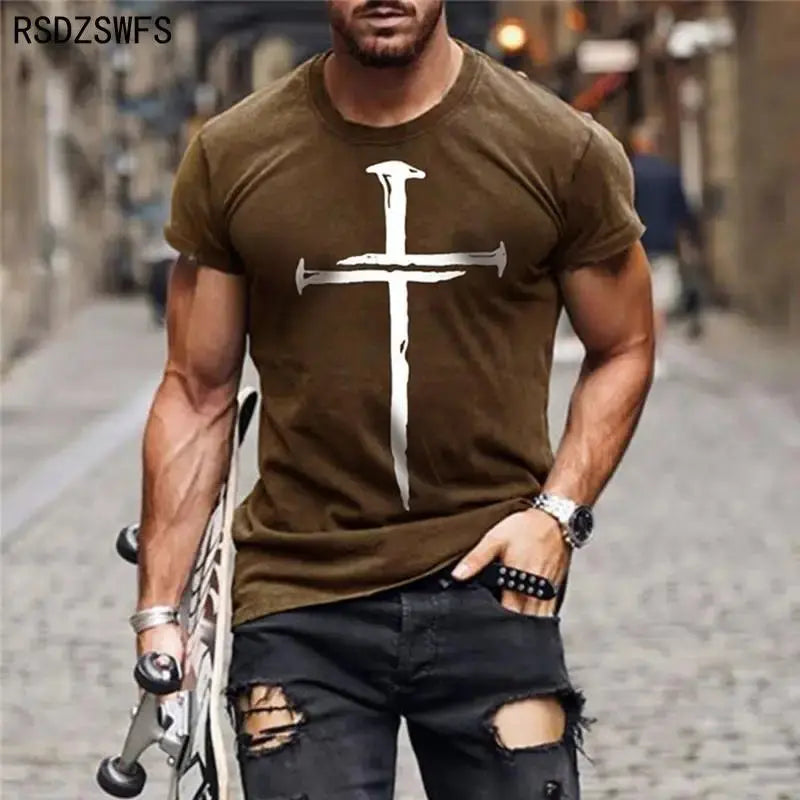 Men'S Jesus Christ Cross 3D Printed T-Shirt Summer Casual All-Match Fashion Short-Sleeved Oversized round Neck Streetwear - Streetsharks