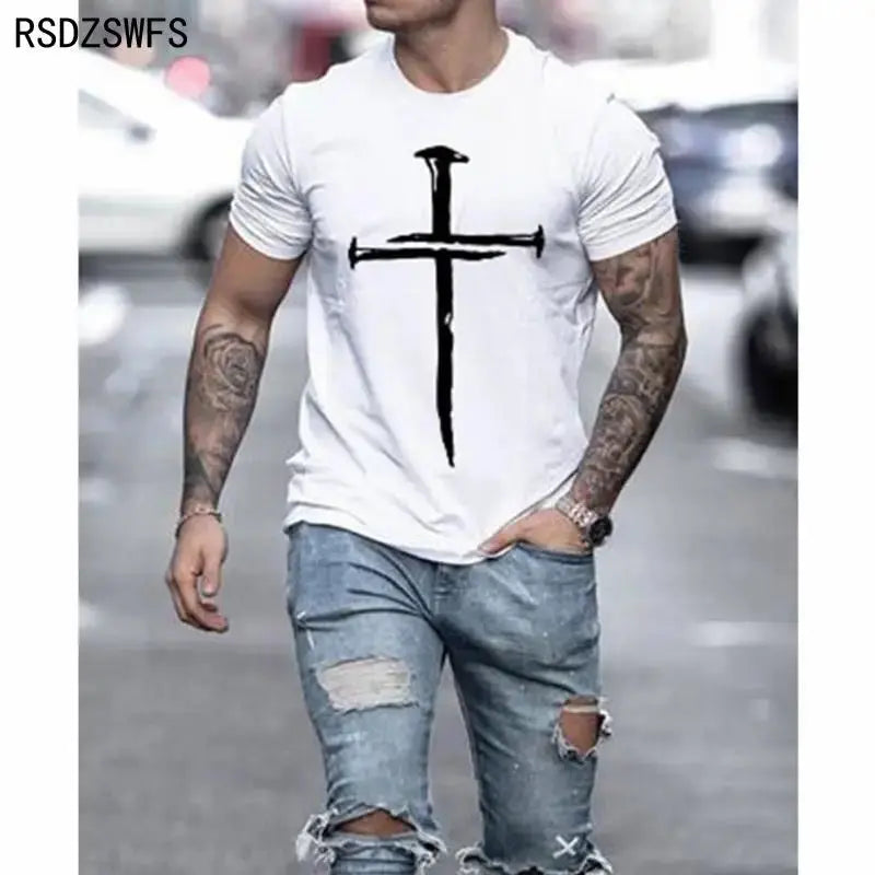 Men'S Jesus Christ Cross 3D Printed T-Shirt Summer Casual All-Match Fashion Short-Sleeved Oversized round Neck Streetwear - Streetsharks