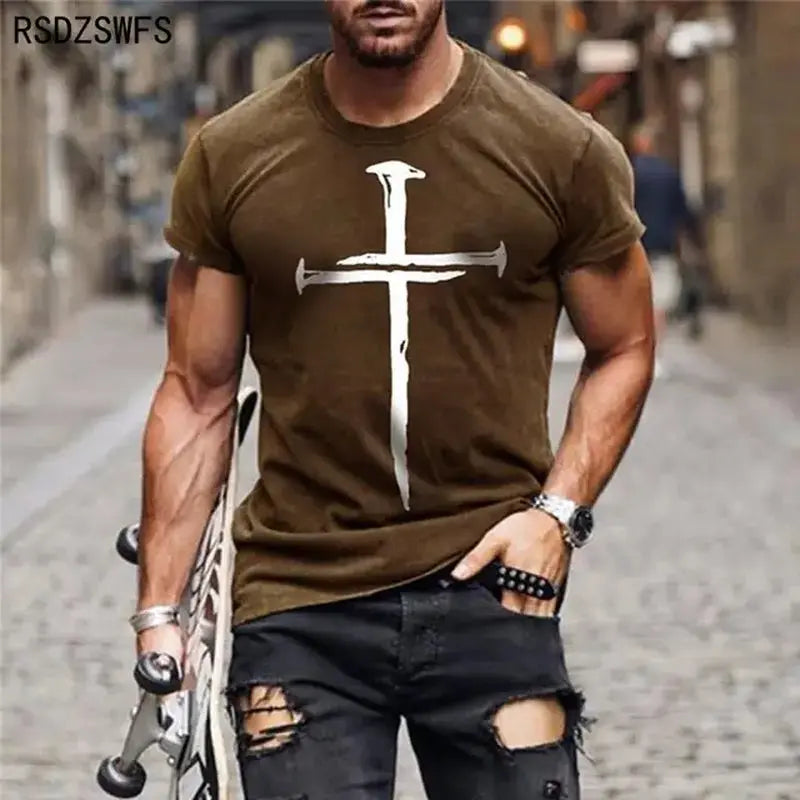 Men'S Jesus Christ Cross 3D Printed T-Shirt Summer Casual All-Match Fashion Short-Sleeved Oversized round Neck Streetwear - Streetsharks