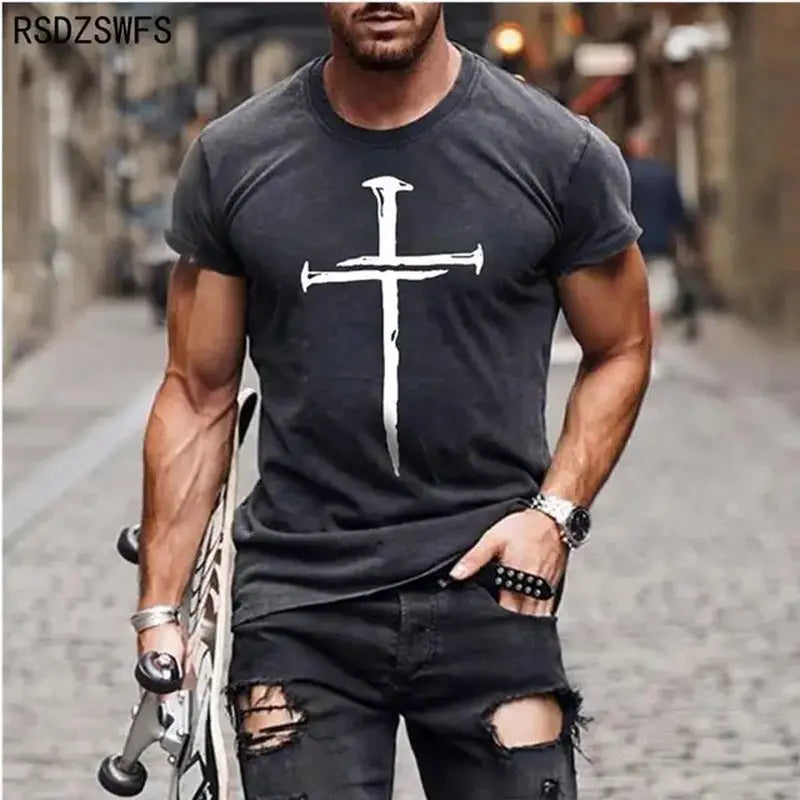 Men'S Jesus Christ Cross 3D Printed T-Shirt Summer Casual All-Match Fashion Short-Sleeved Oversized round Neck Streetwear - Streetsharks