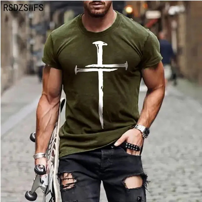 Men'S Jesus Christ Cross 3D Printed T-Shirt Summer Casual All-Match Fashion Short-Sleeved Oversized round Neck Streetwear - Streetsharks