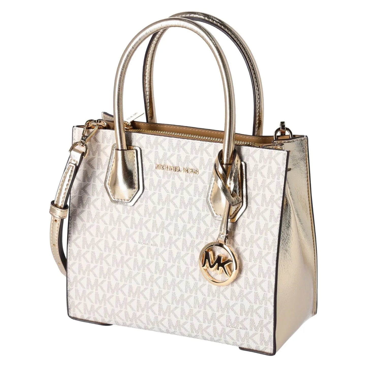 Michael Kors Mercer Medium Vanilla MK Signature Messenger Satchel Bag Pale Gold - Streetsharks