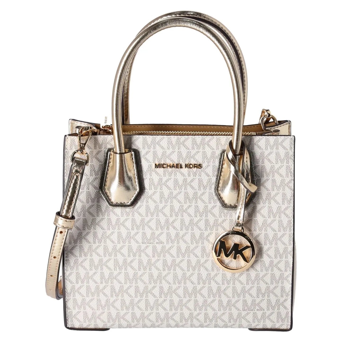 Michael Kors Mercer Medium Vanilla MK Signature Messenger Satchel Bag Pale Gold - Streetsharks