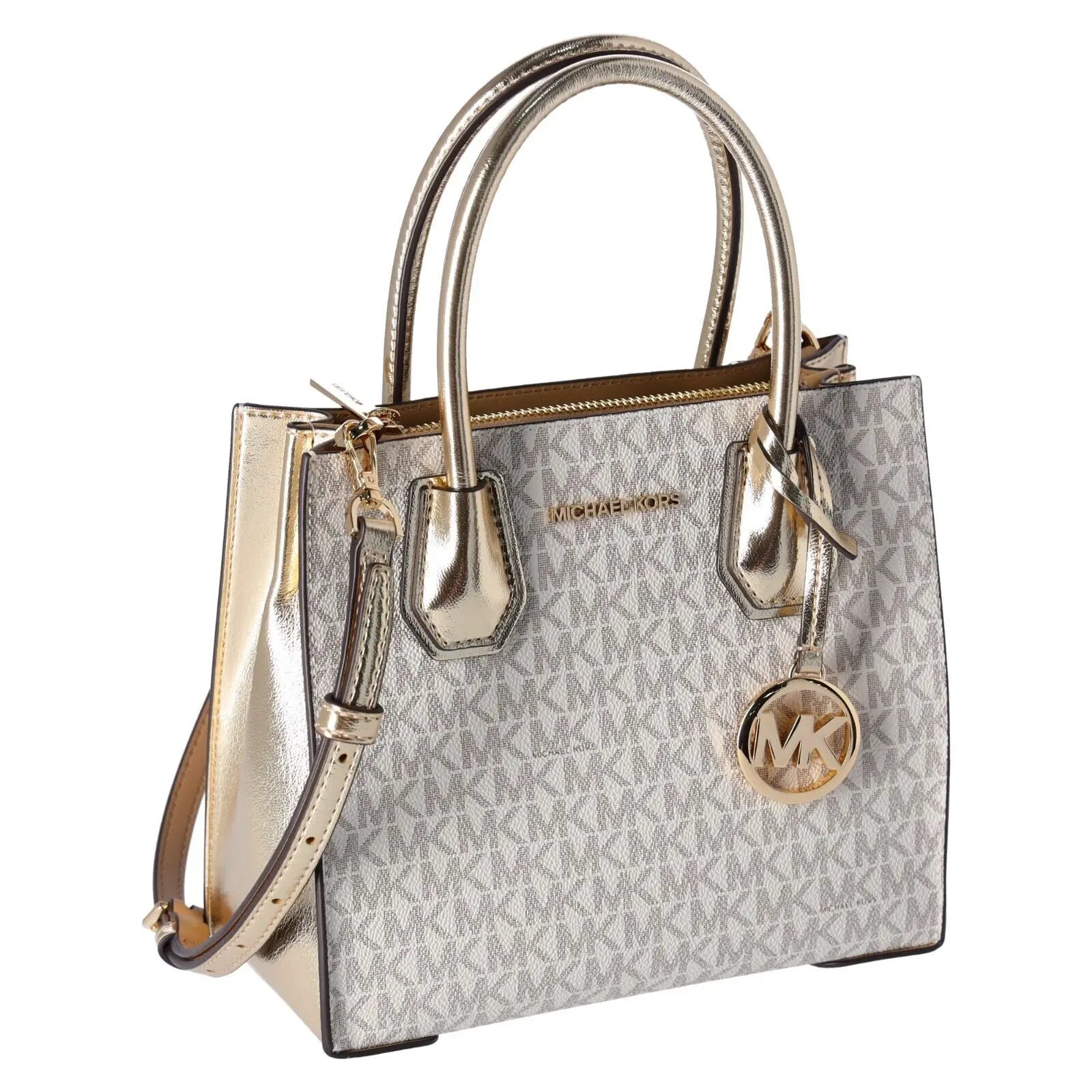 Michael Kors Mercer Medium Vanilla MK Signature Messenger Satchel Bag Pale Gold - Streetsharks