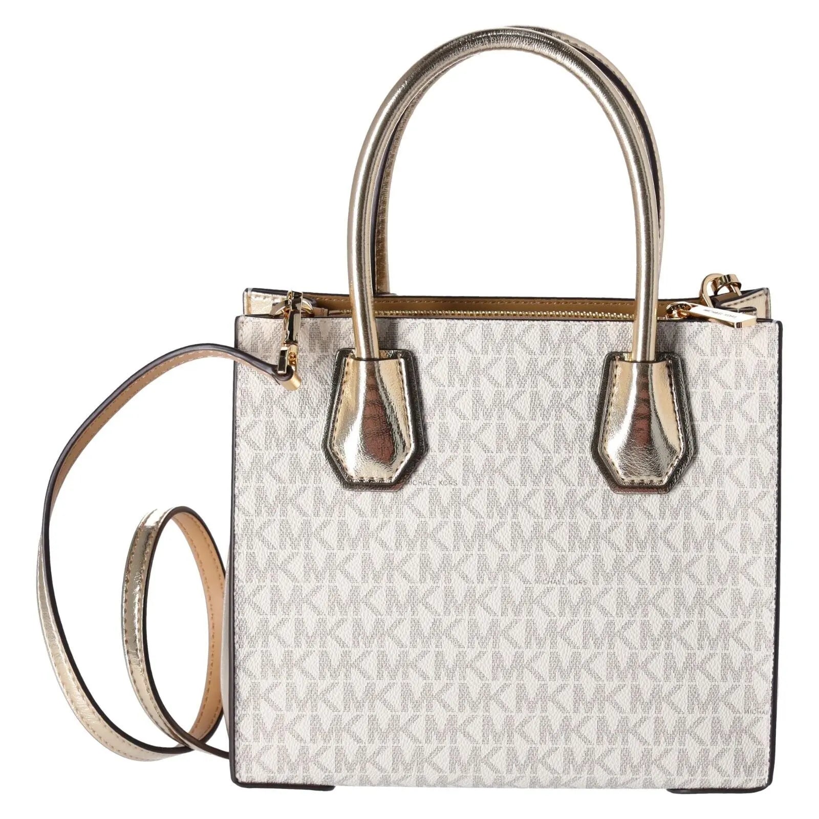 Michael Kors Mercer Medium Vanilla MK Signature Messenger Satchel Bag Pale Gold - Streetsharks