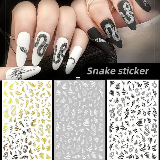 New 3D Black White Snake Leaf Nail Stickers for Nails Art Decoration Supplies Goth Rock Design Manicure Inspired Decals Sliders Streetsharks