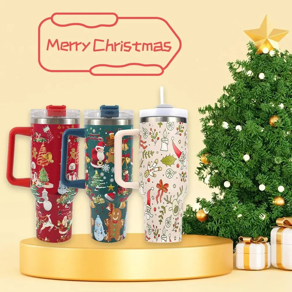 New Christmas Pattern Mug With Handle Lid Straw Drinkware Stainless Steel Vacuum Tumbler Large Capacity Car Travel Coffee Cup StreetSharks