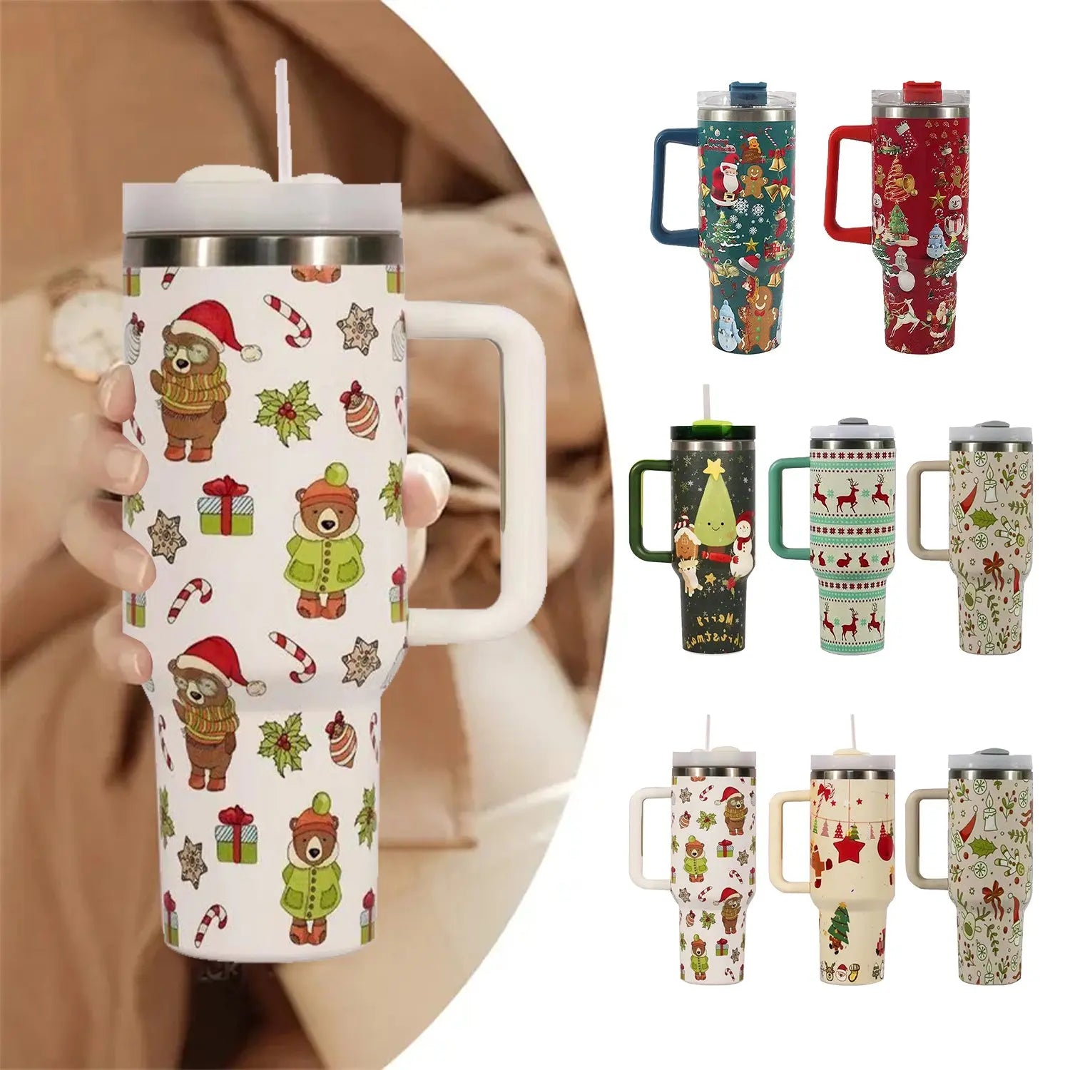 New Christmas Pattern Mug With Handle Lid Straw Drinkware Stainless Steel Vacuum Tumbler Large Capacity Car Travel Coffee Cup StreetSharks