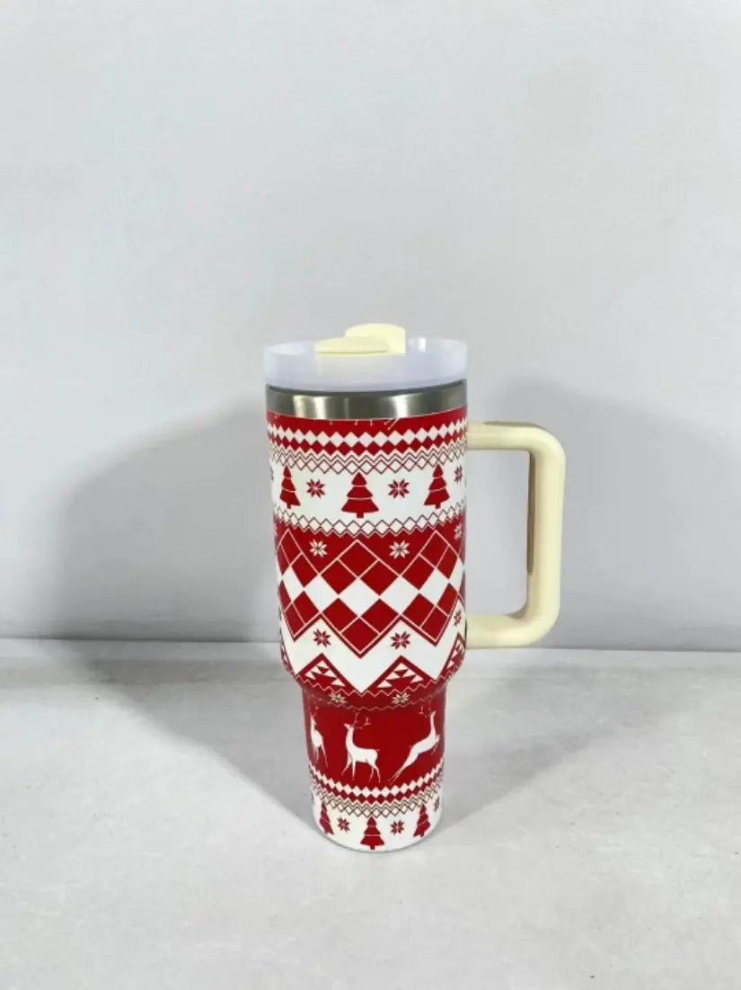 New Christmas Pattern Mug With Handle Lid Straw Drinkware Stainless Steel Vacuum Tumbler Large Capacity Car Travel Coffee Cup StreetSharks