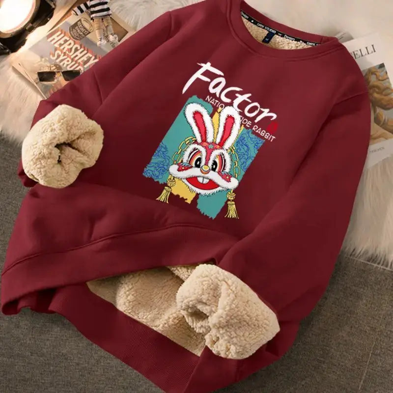 Red Velvet Rabbits Sweatshirts Women  New Year Loose Autumn Clothing -  Streetsharks