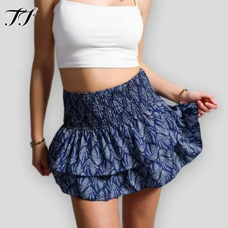 Ruffle Edge Printed Skirt Women Fashion New Floral Pleated Short Skirt Female Vacation Boho Miniskirt Sexy Girl Y2k Skirts Mujer Streetsharks