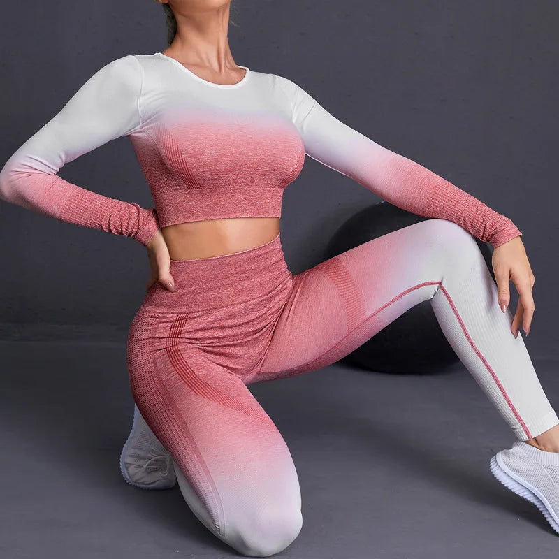 Seamless Yoga Sets Sports Fitnes High Waist Hip Raise Pants Long-Sleeved Suits Workout Clothes Gym Shorts Set for Women Streetsharks