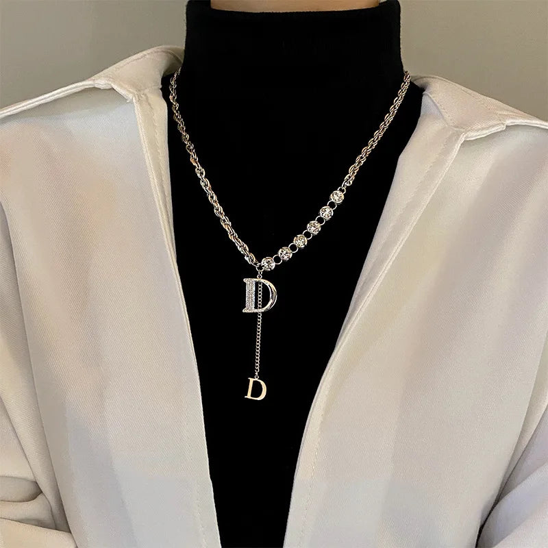 2024 New Luxury Zircon Letter D Pendant Necklace for Women Girls Sparkling Rhinestone Tassel Sweater Chain Necklace Jewelry Gift