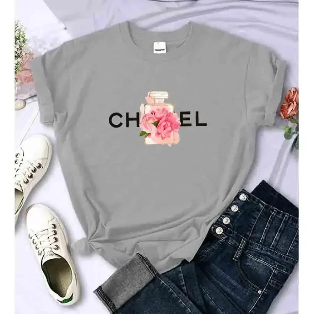 Luxury Fashion Brand Printed Women's Summer T-Shirt Alphabet Flower Perfume Shirt Pattern T-Shirt High Quality Short Sleeve Top