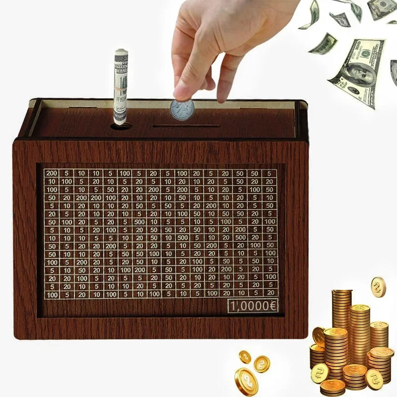 1000/2000/3000/5000/10000 Euro Money Box Wooden Piggy Bank Money Vault Savings Box Challenge Cash Storage Case