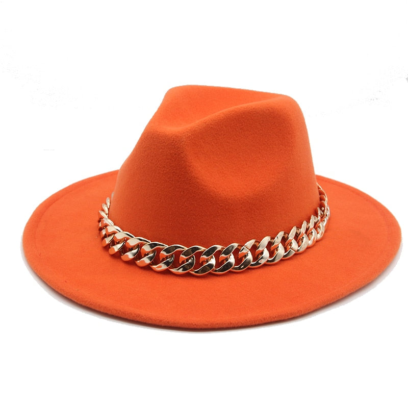 Fedora Hats for Women Men Wide Brim Thick Gold Chain Band Felted Hat Jazz Cap Winter Autumn Panama Red Luxury Hat Chapeau Lemme -  Streetsharks