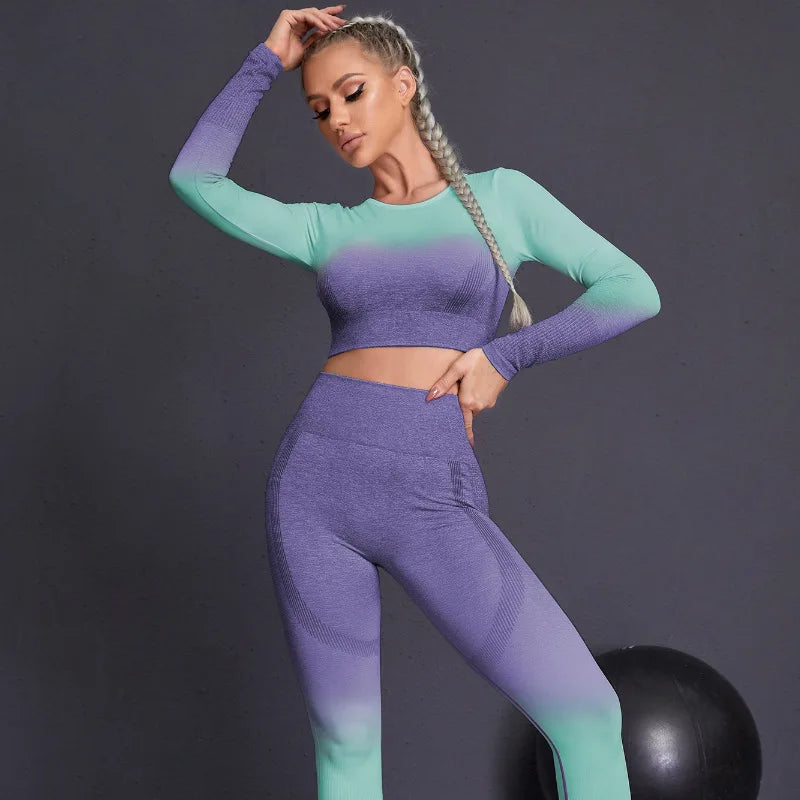 Seamless Yoga Sets Sports Fitnes High Waist Hip Raise Pants Long-Sleeved Suits Workout Clothes Gym Shorts Set for Women Streetsharks