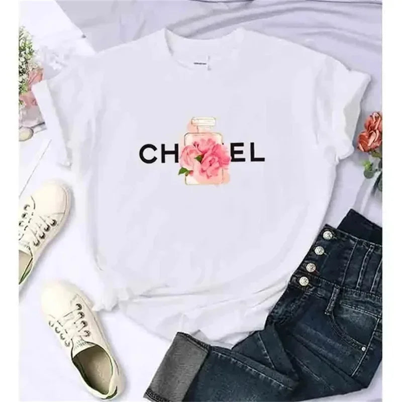 Luxury Fashion Brand Printed Women's Summer T-Shirt Alphabet Flower Perfume Shirt Pattern T-Shirt High Quality Short Sleeve Top