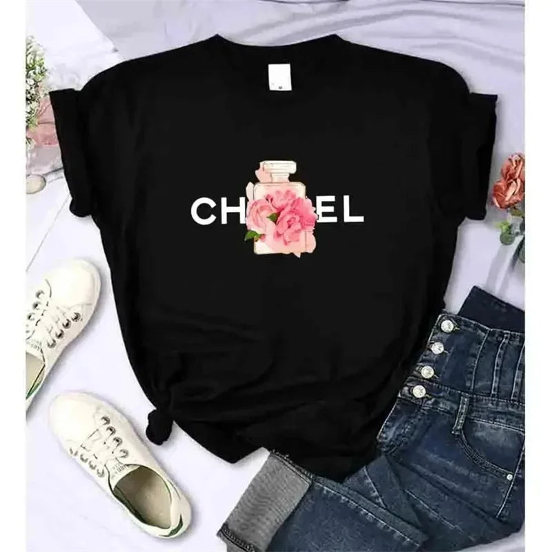 Luxury Fashion Brand Printed Women's Summer T-Shirt Alphabet Flower Perfume Shirt Pattern T-Shirt High Quality Short Sleeve Top