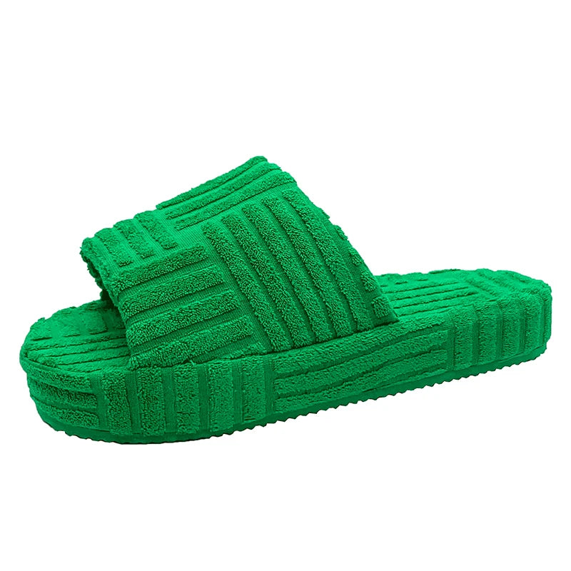 Designer Women's Peep Toe Thick Sole Slippers: Green Corduroy Flat Outwear Slides for Summer and Autumn Runway Flip Flops Streetsharks