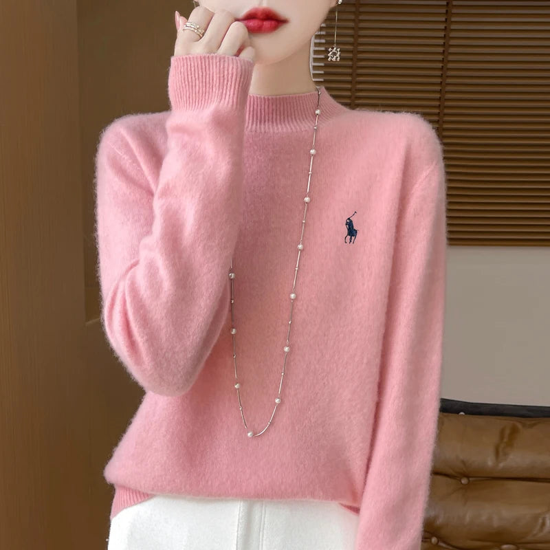 2024 Autumn/Winter Women's New Cashmere Hoodie Fashionable Embroidered Half High Neck Soft Cashmere Explosive100% Australianwool