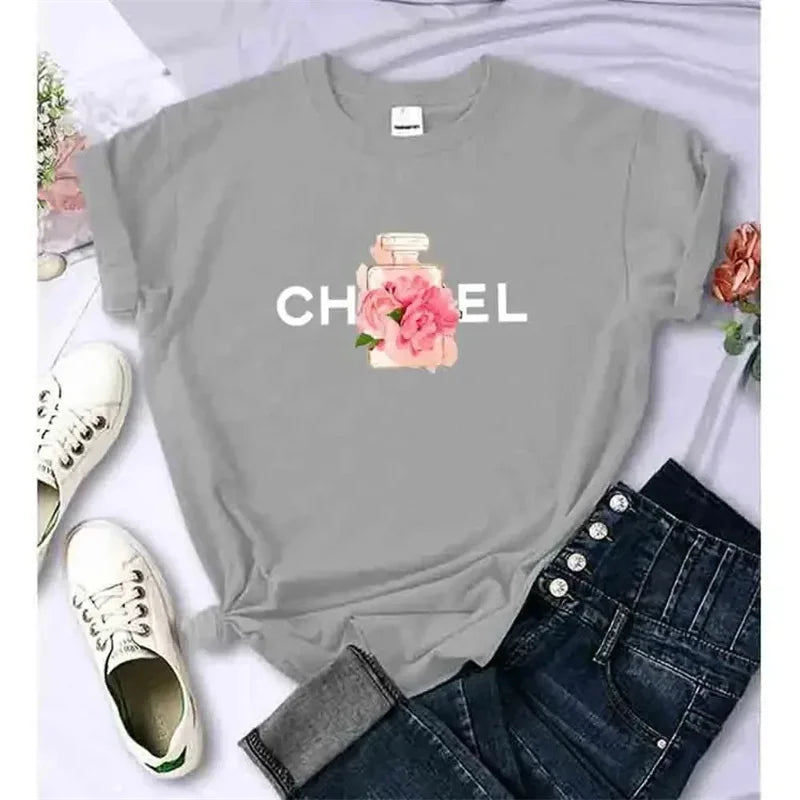 Luxury Fashion Brand Printed Women's Summer T-Shirt Alphabet Flower Perfume Shirt Pattern T-Shirt High Quality Short Sleeve Top