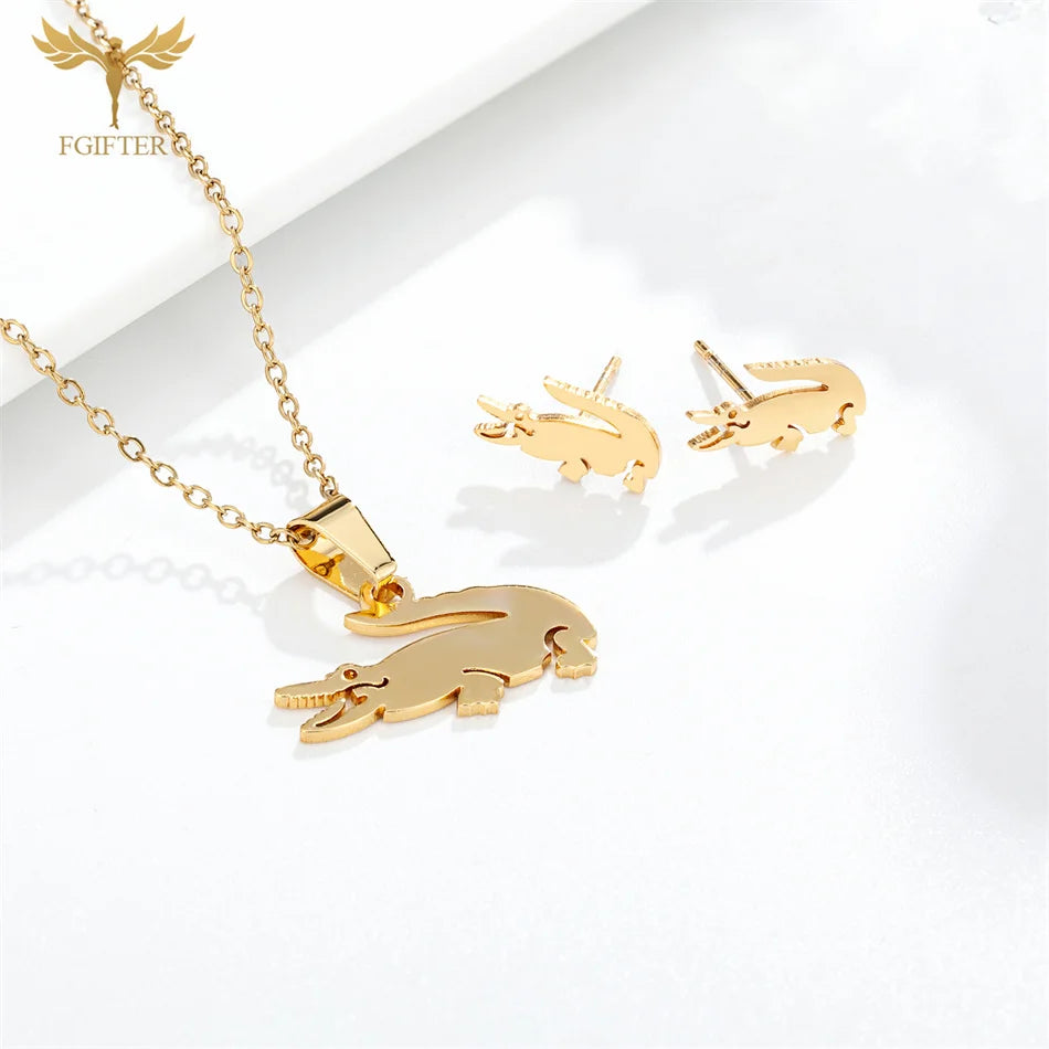 Fgift Gold Plated Sainless Steel Jewelry Sets For Women Crocodile Pendant Chain Necklace Stud Earrings Animal Design Party Gifts