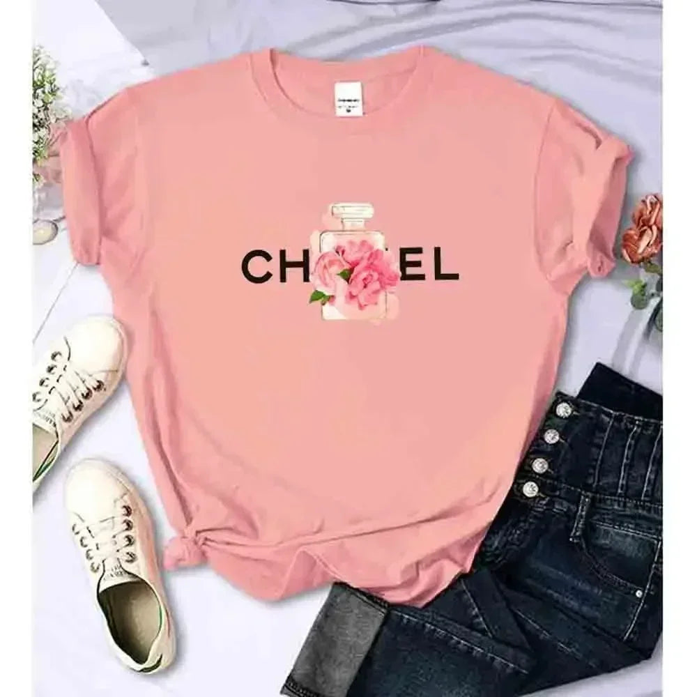 Luxury Fashion Brand Printed Women's Summer T-Shirt Alphabet Flower Perfume Shirt Pattern T-Shirt High Quality Short Sleeve Top