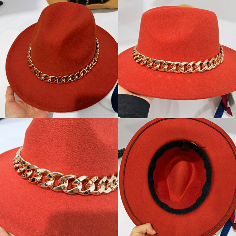 Fedora Hats for Women Men Wide Brim Thick Gold Chain Band Felted Hat Jazz Cap Winter Autumn Panama Red Luxury Hat Chapeau Lemme -  Streetsharks