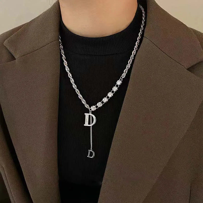 2024 New Luxury Zircon Letter D Pendant Necklace for Women Girls Sparkling Rhinestone Tassel Sweater Chain Necklace Jewelry Gift