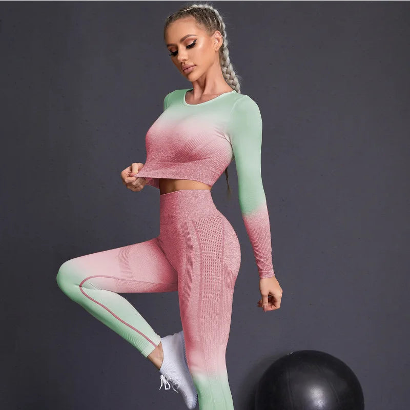 Seamless Yoga Sets Sports Fitnes High Waist Hip Raise Pants Long-Sleeved Suits Workout Clothes Gym Shorts Set for Women Streetsharks