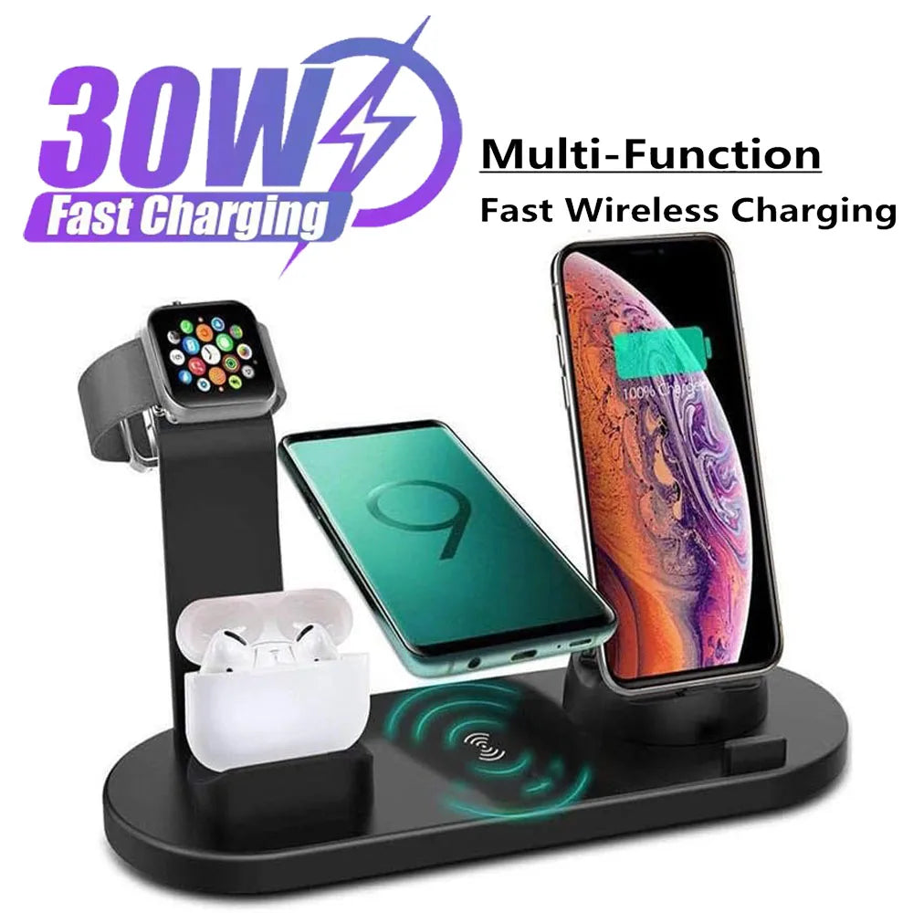 30W 6 in 1 Wireless Charger Stand Pad For iPhone 15 14 13 12 X Apple Watch Fast Charging Dock Station for Airpods Pro iWatch 7