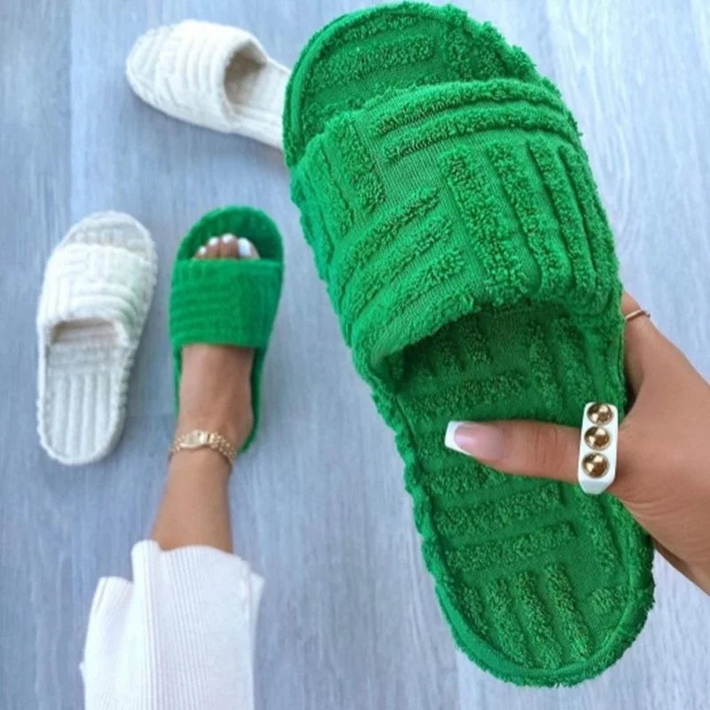 Designer Women's Peep Toe Thick Sole Slippers: Green Corduroy Flat Outwear Slides for Summer and Autumn Runway Flip Flops Streetsharks