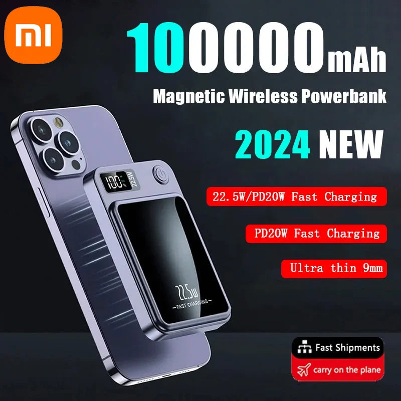 Xiaomi 100000mAh Capacity Power Bank Magnetic Wireless 22.5W Ultra Super Fast Charging Magnetic Power Bank For Iphone15 Samsung Streetsharks