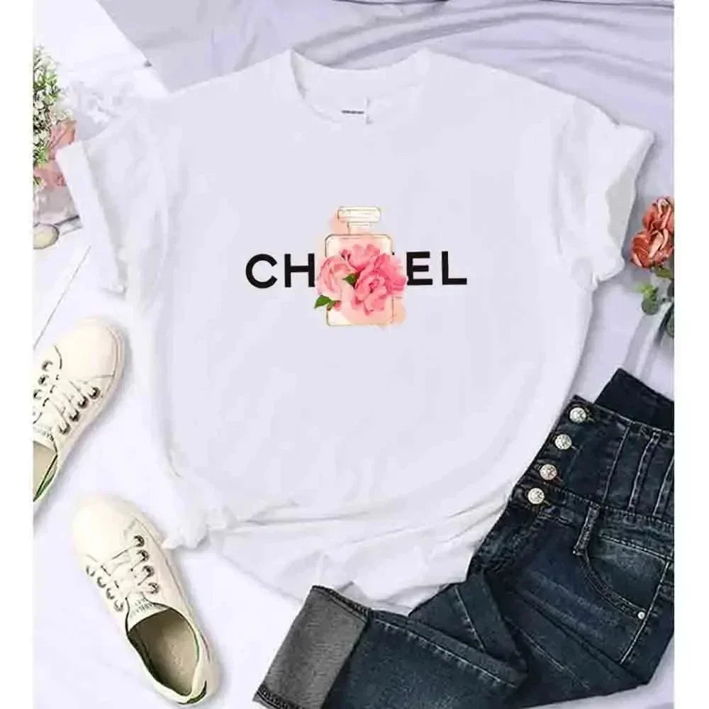 Luxury Fashion Brand Printed Women's Summer T-Shirt Alphabet Flower Perfume Shirt Pattern T-Shirt High Quality Short Sleeve Top