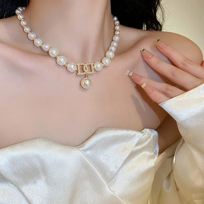 Women Elegant Pearl Clavicle Chain Collares Ladies Short Pendant Necklaces Earrings Choker Jewelry set