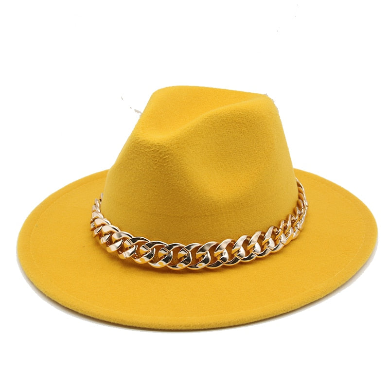 Fedora Hats for Women Men Wide Brim Thick Gold Chain Band Felted Hat Jazz Cap Winter Autumn Panama Red Luxury Hat Chapeau Lemme -  Streetsharks