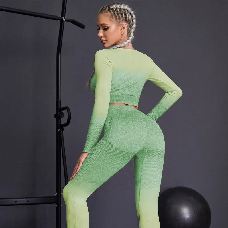 Seamless Yoga Sets Sports Fitnes High Waist Hip Raise Pants Long-Sleeved Suits Workout Clothes Gym Shorts Set for Women Streetsharks