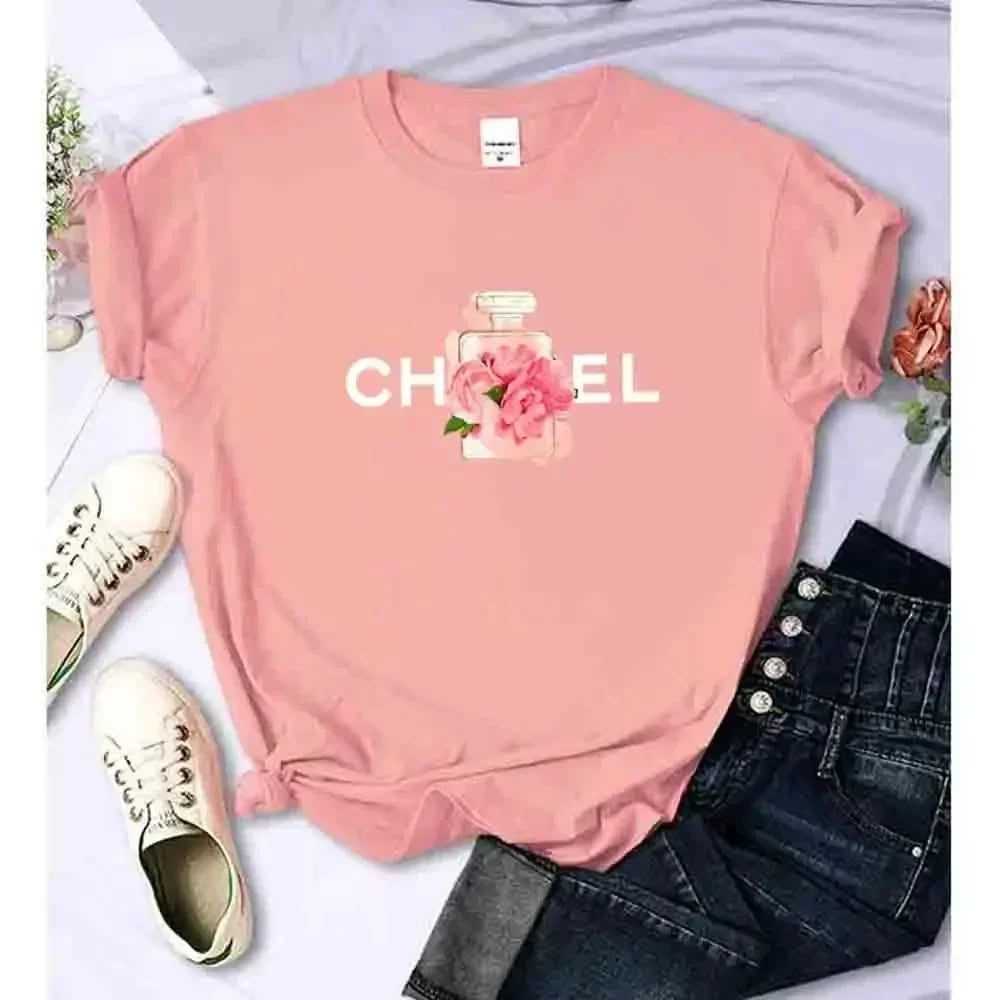 Luxury Fashion Brand Printed Women's Summer T-Shirt Alphabet Flower Perfume Shirt Pattern T-Shirt High Quality Short Sleeve Top