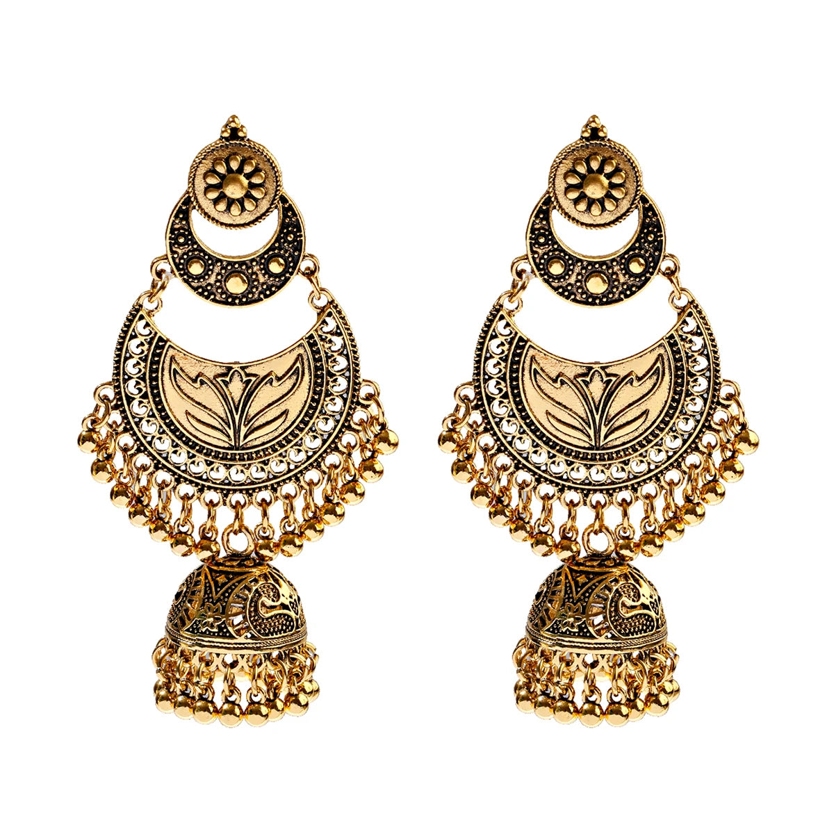 Ethnic Retro Geometric Turkish Jhumka Earrings For Women Indian Jewelry Flower Gold Color Bell Tassel Dangling Earrings Streetsharks