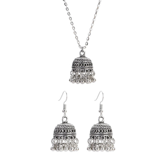 Ethnic Indian Wedding Jewelry Set for Bride Silver Color Carved Bells Necklace&Earring Vintage Dangle Earrings Gifts TU Streetsharks