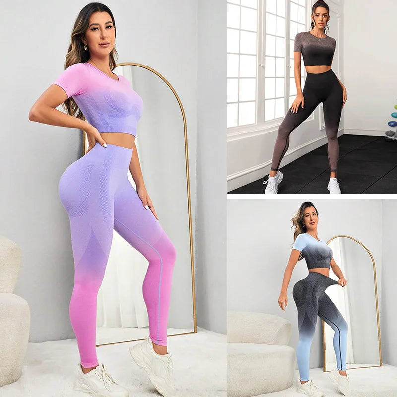 Women Leggings Push Up  Sexy Fitness Full Set Gradient Color Yoga Set High Waist Long Pants Hip Lifting Training Sports Pants Streetsharks