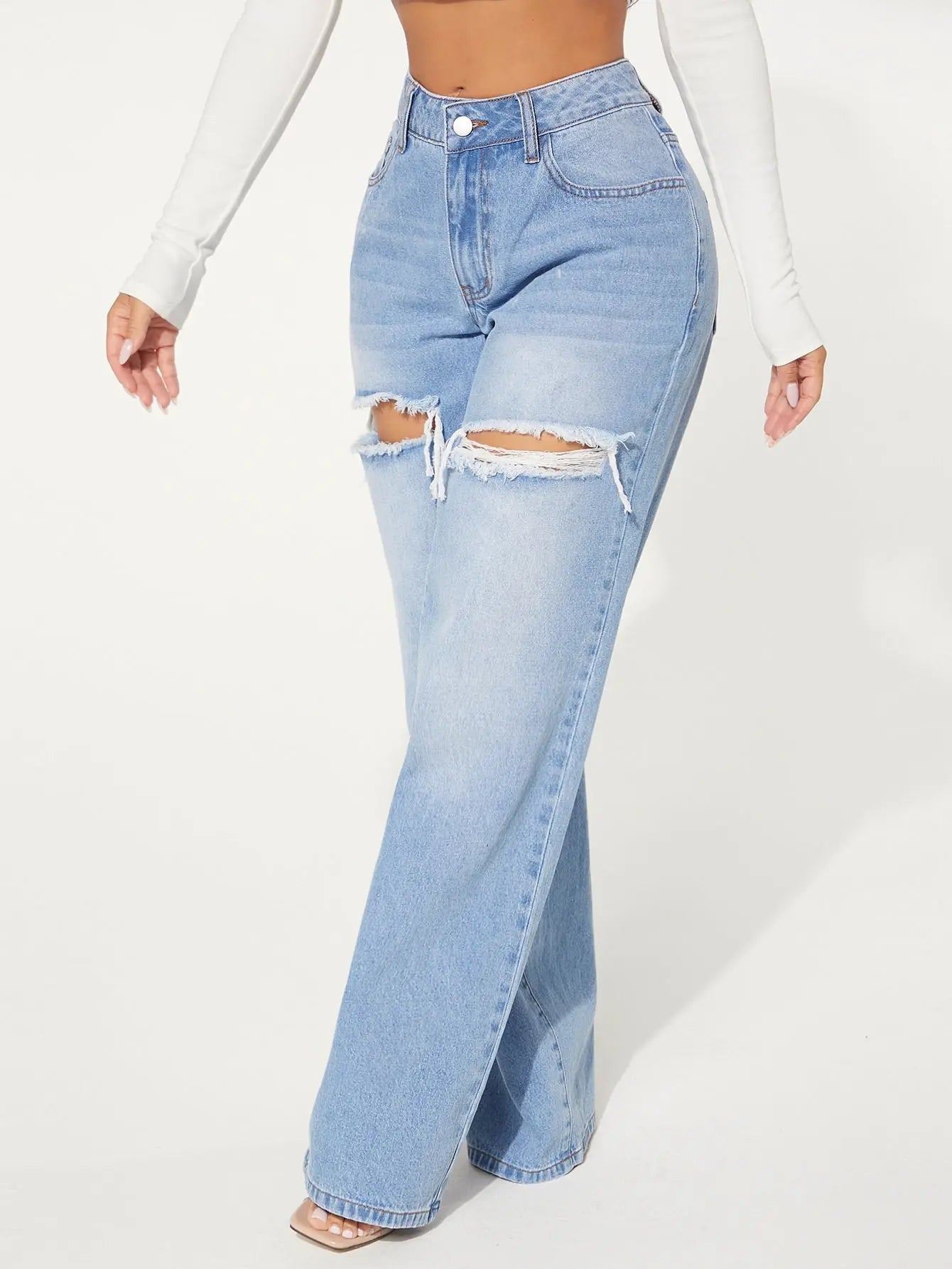 Ripped jeans Single Button Cut Out Ripped Frayed Wide Leg Jeans - Streetsharks