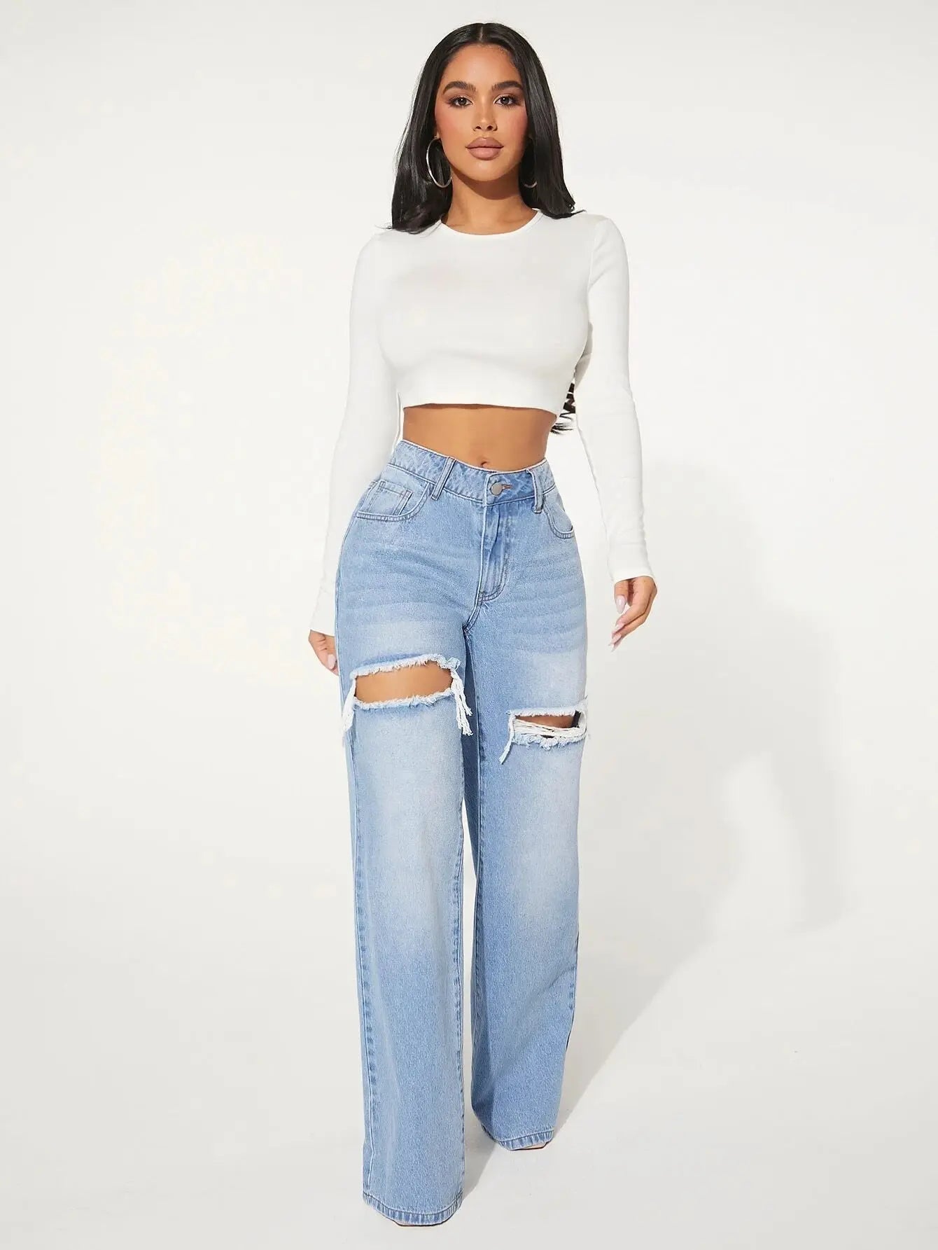 Ripped jeans Single Button Cut Out Ripped Frayed Wide Leg Jeans - Streetsharks