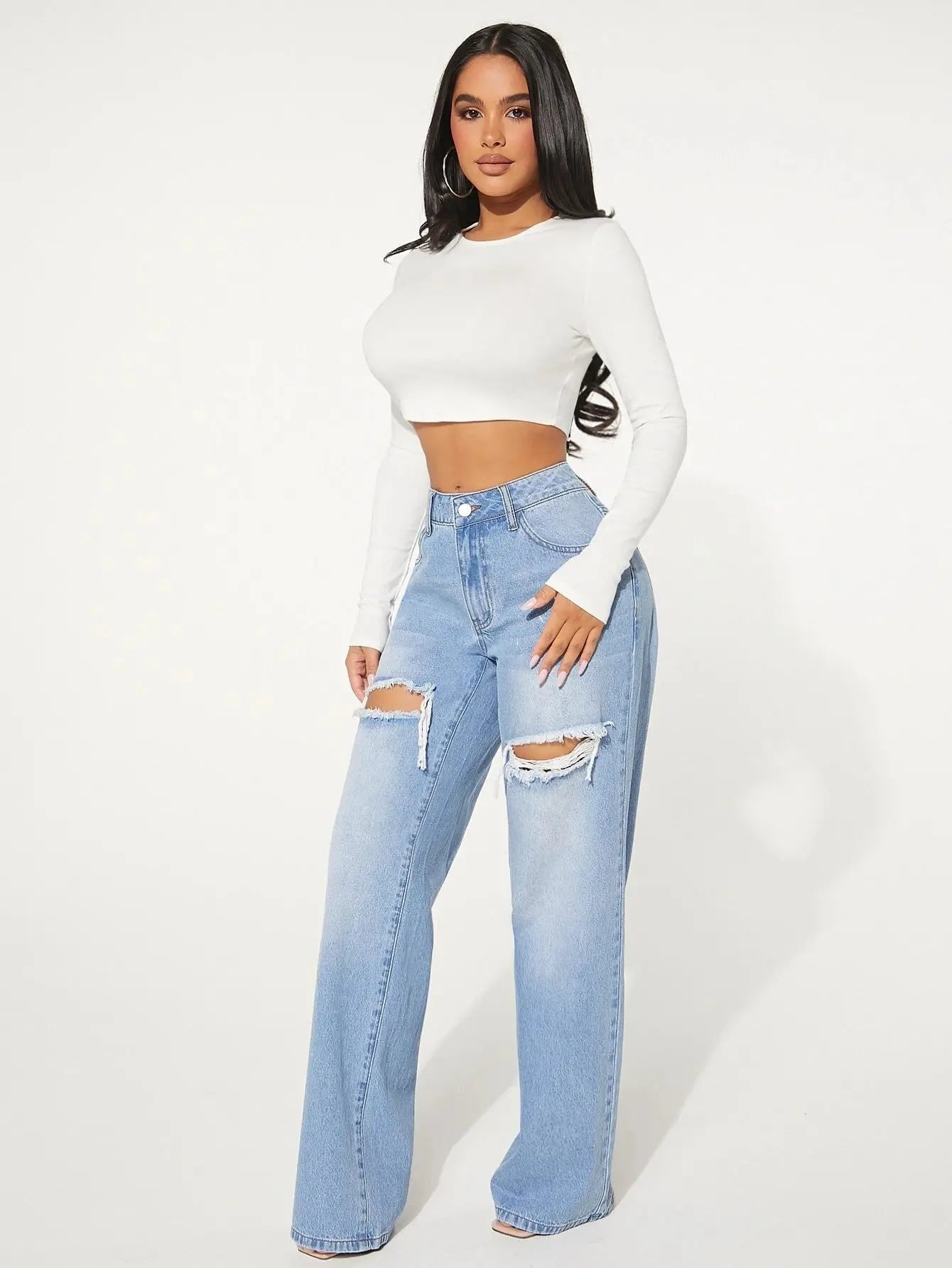 Ripped jeans Single Button Cut Out Ripped Frayed Wide Leg Jeans - Streetsharks