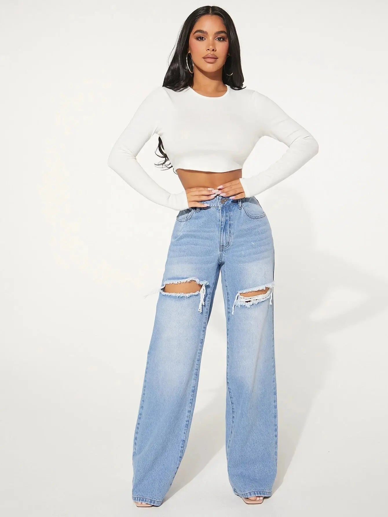 Ripped jeans Single Button Cut Out Ripped Frayed Wide Leg Jeans - Streetsharks